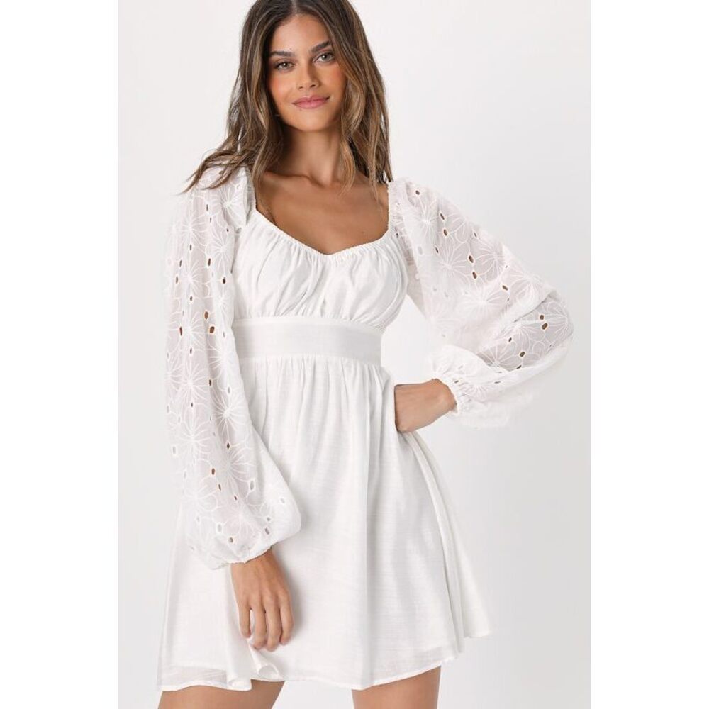 Lulus Simple Sweetheart White Eyelet Balloon Sleeve Mini Dress - Size S